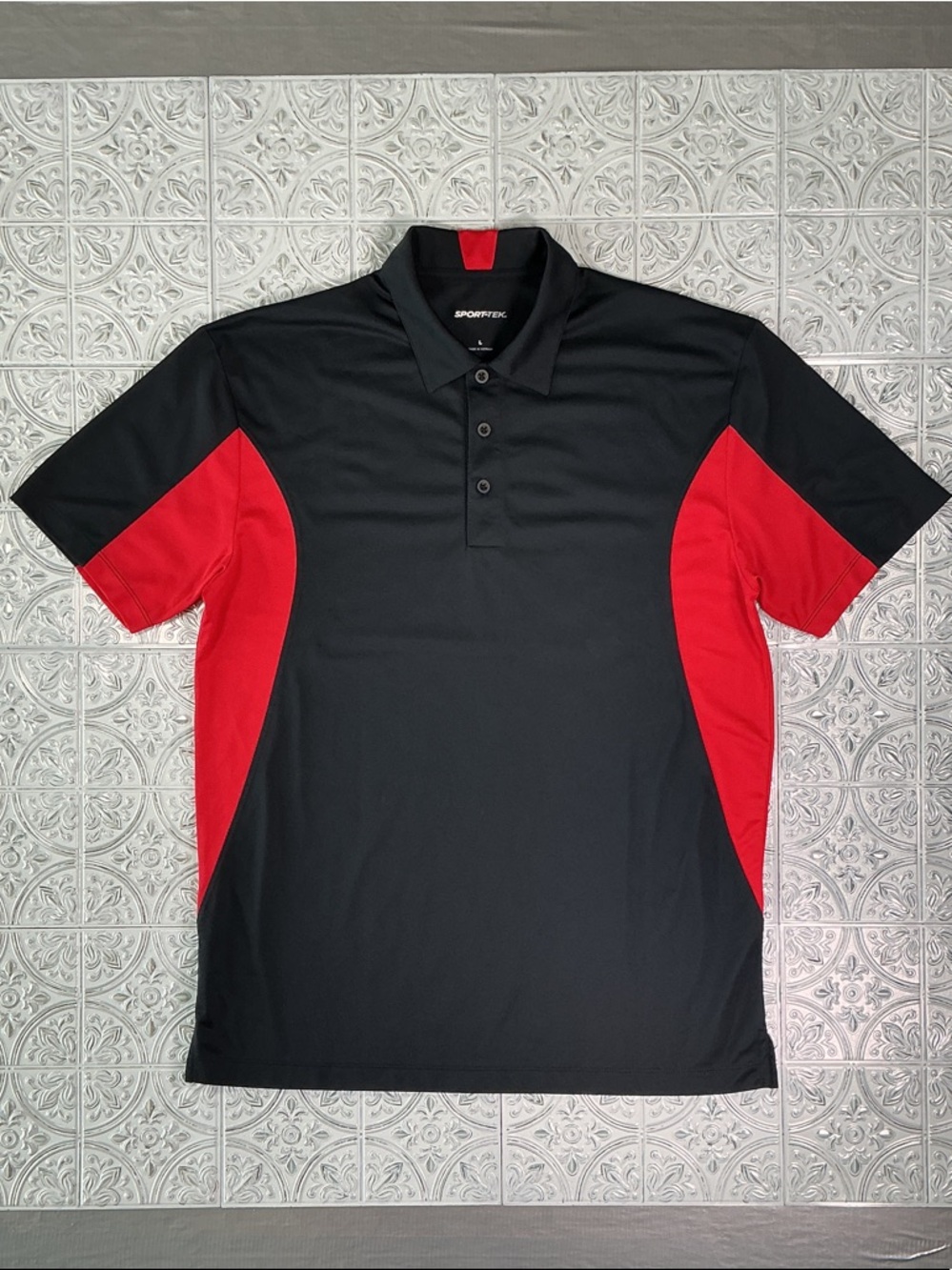 Sport-Tek Polo Shirt Side Blocked Sport-Wick Large Black True Red Athletic Golf
